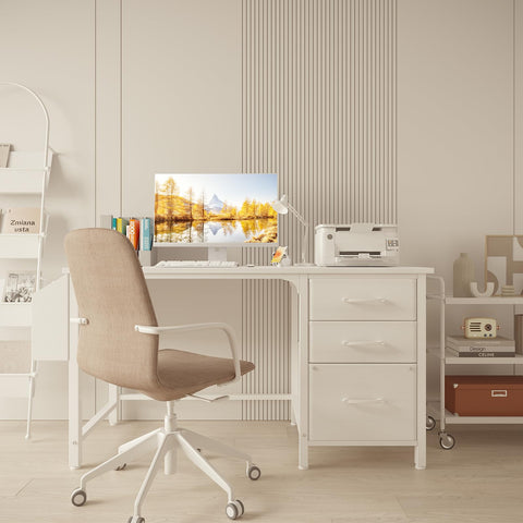 Lufeiya 47-inch reversible desk shows left-side cabinet installation versatility.