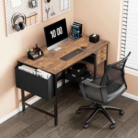 Lufeiya desk side view highlights storage shelves and rustic brown finish for easy organization