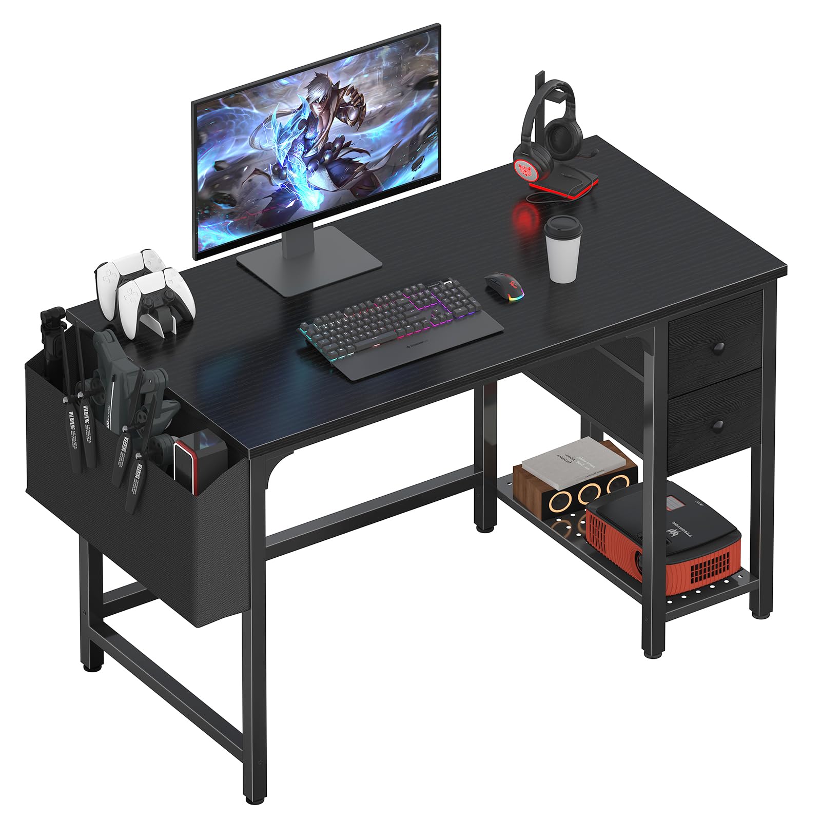 Lufeiya computer desk with fabric drawers showing left-right reversible setup for flexible space.