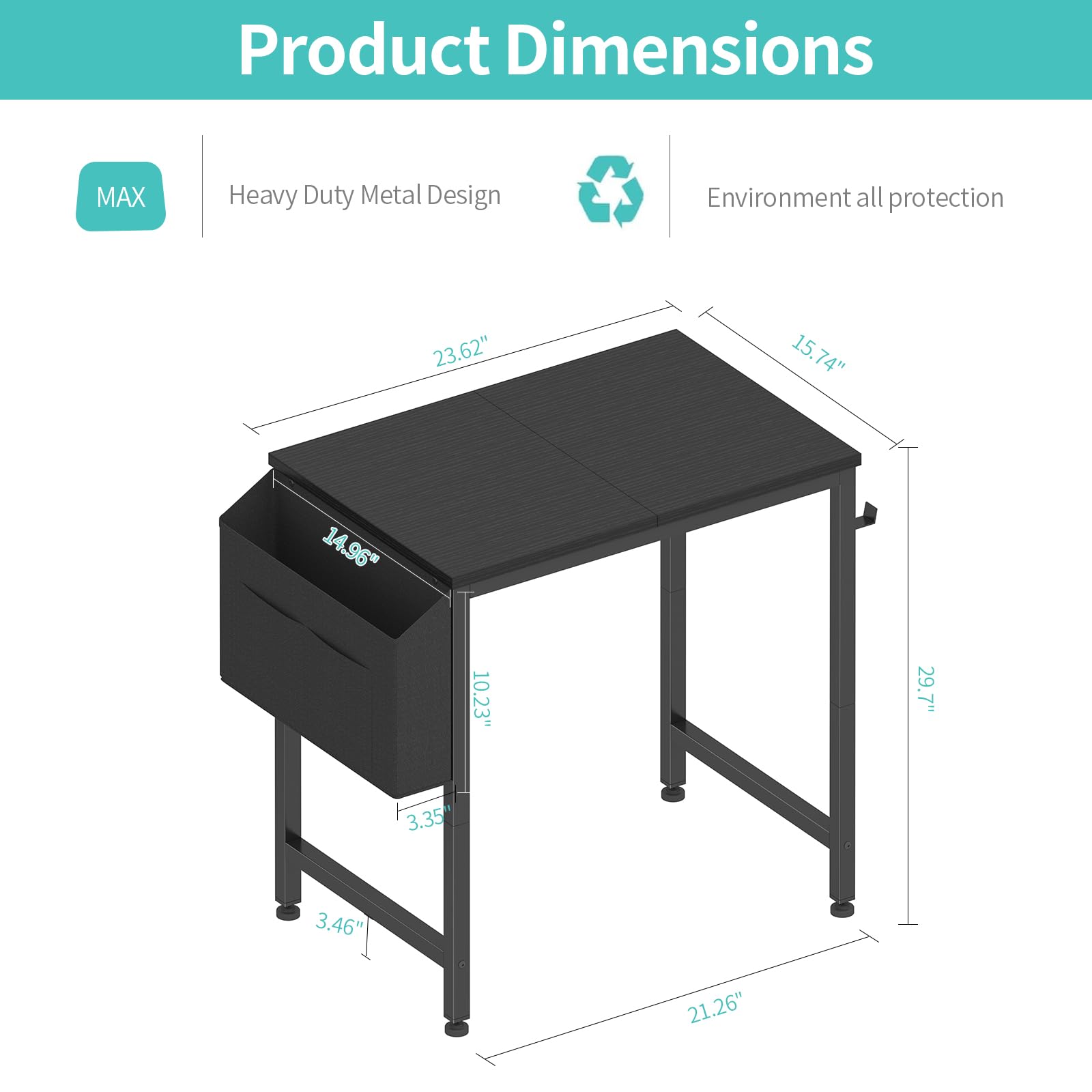 Lufeiya small desk with removable storage bag and handy hooks for organization.