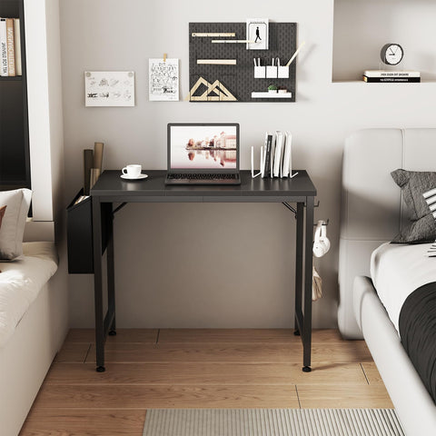 Lufeiya small desk with headphone hooks for easy tech access.