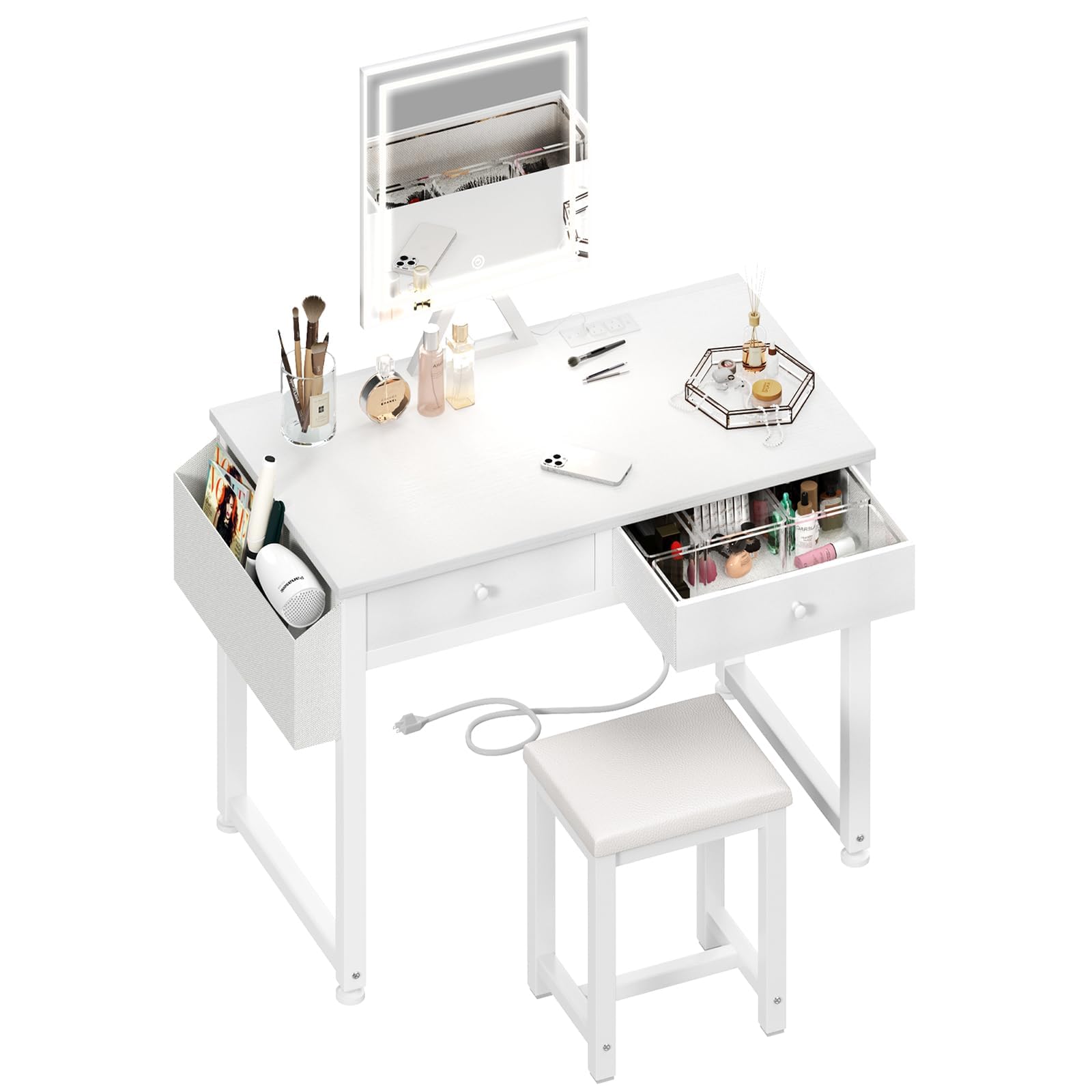 Lufeiya small makeup desk with LED mirror for precise, bright makeup application.