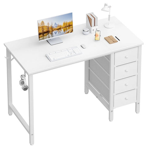 Lufeiya small white desk with drawers front view, showcasing space-saving design for bedrooms