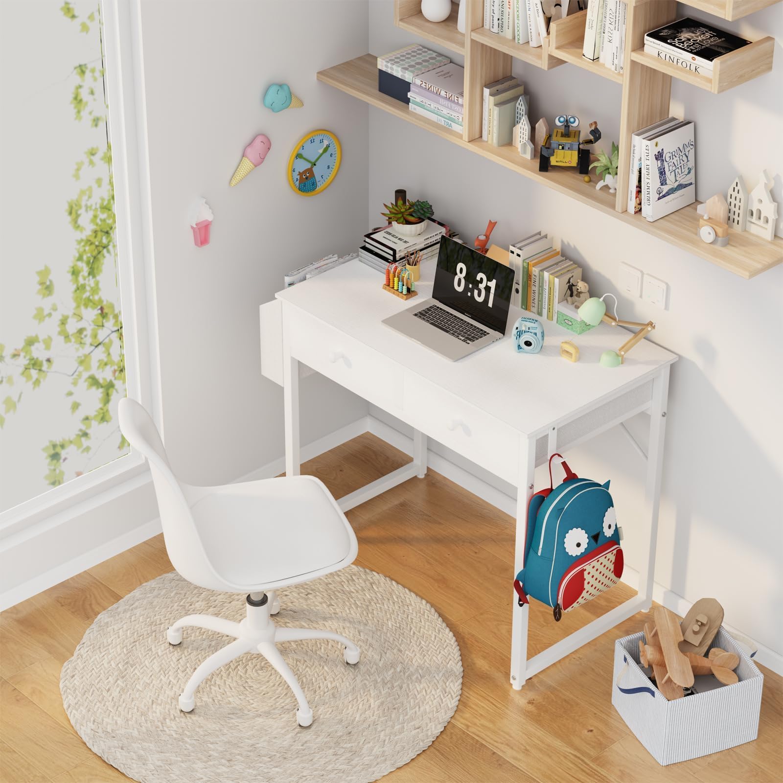 Lufeiya desk with fabric drawers offering organized under-desk storage.