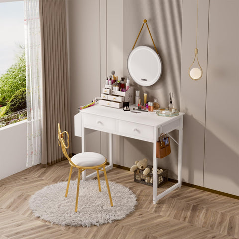 Wood-front fabric drawers on a white Lufeiya desk add warm durability.