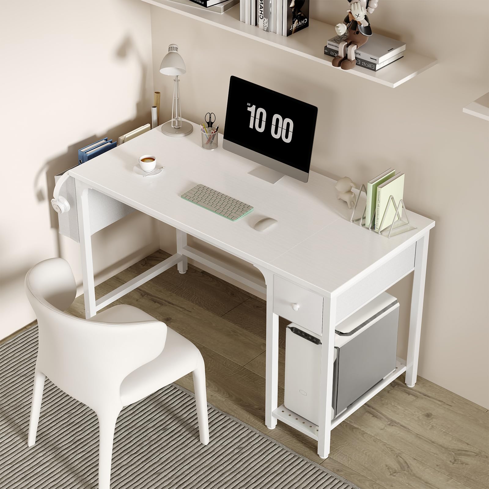 Lufeiya white desk drawer close-up shows built-in storage and drawer details.