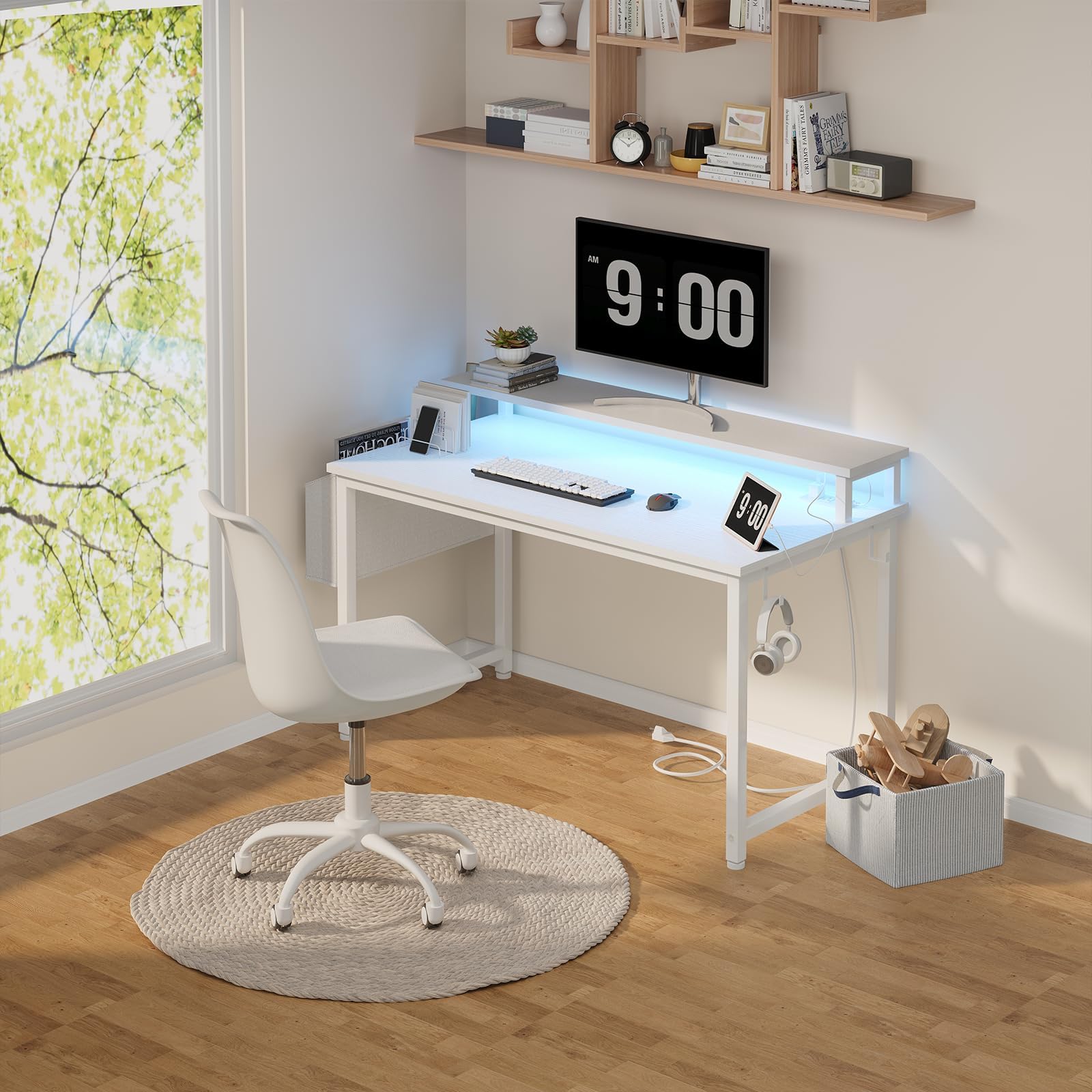 Lufeiya white desk monitor stand supporting two screens at eye level