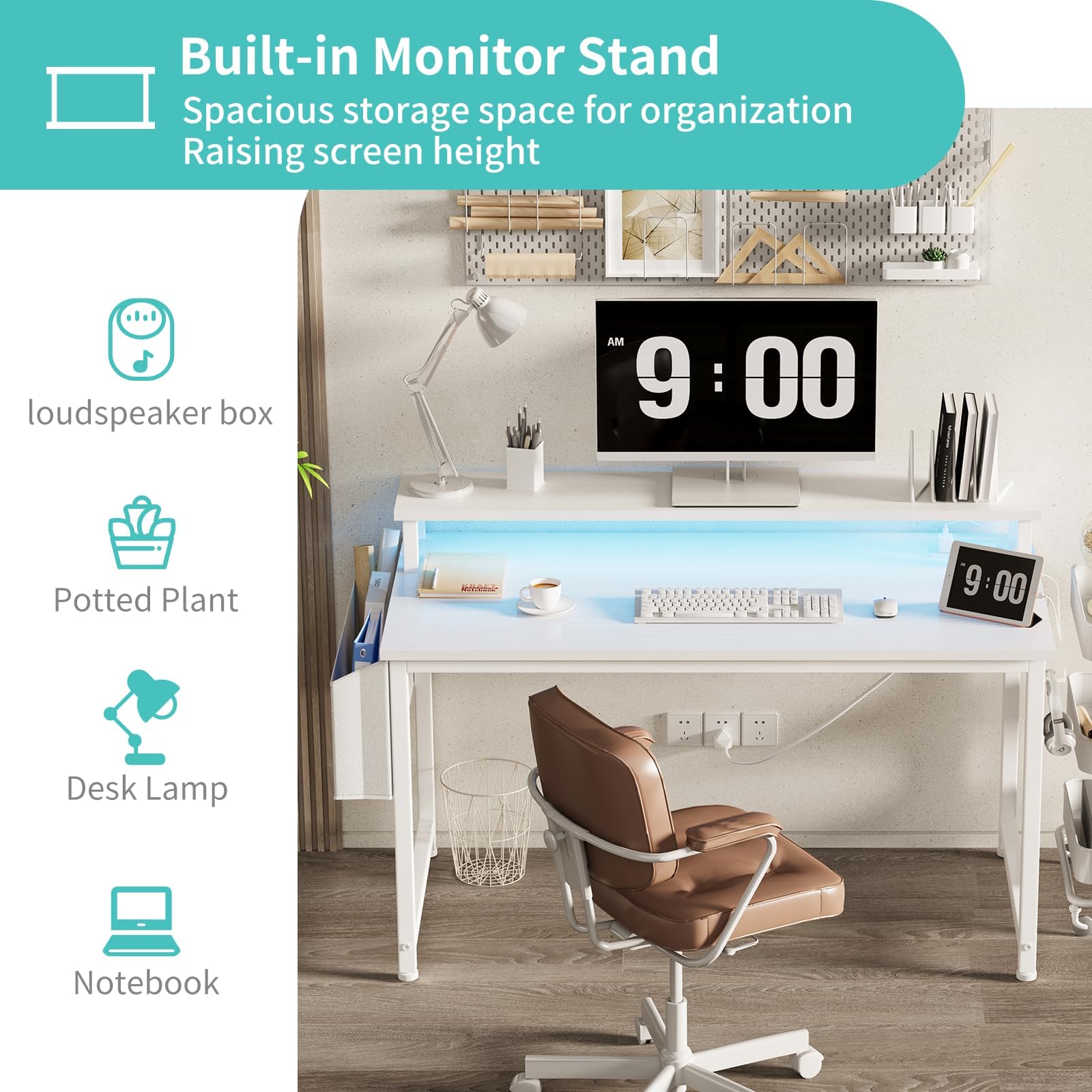 Lufeiya white desk includes storage bag and headphone hooks for clutter-free space