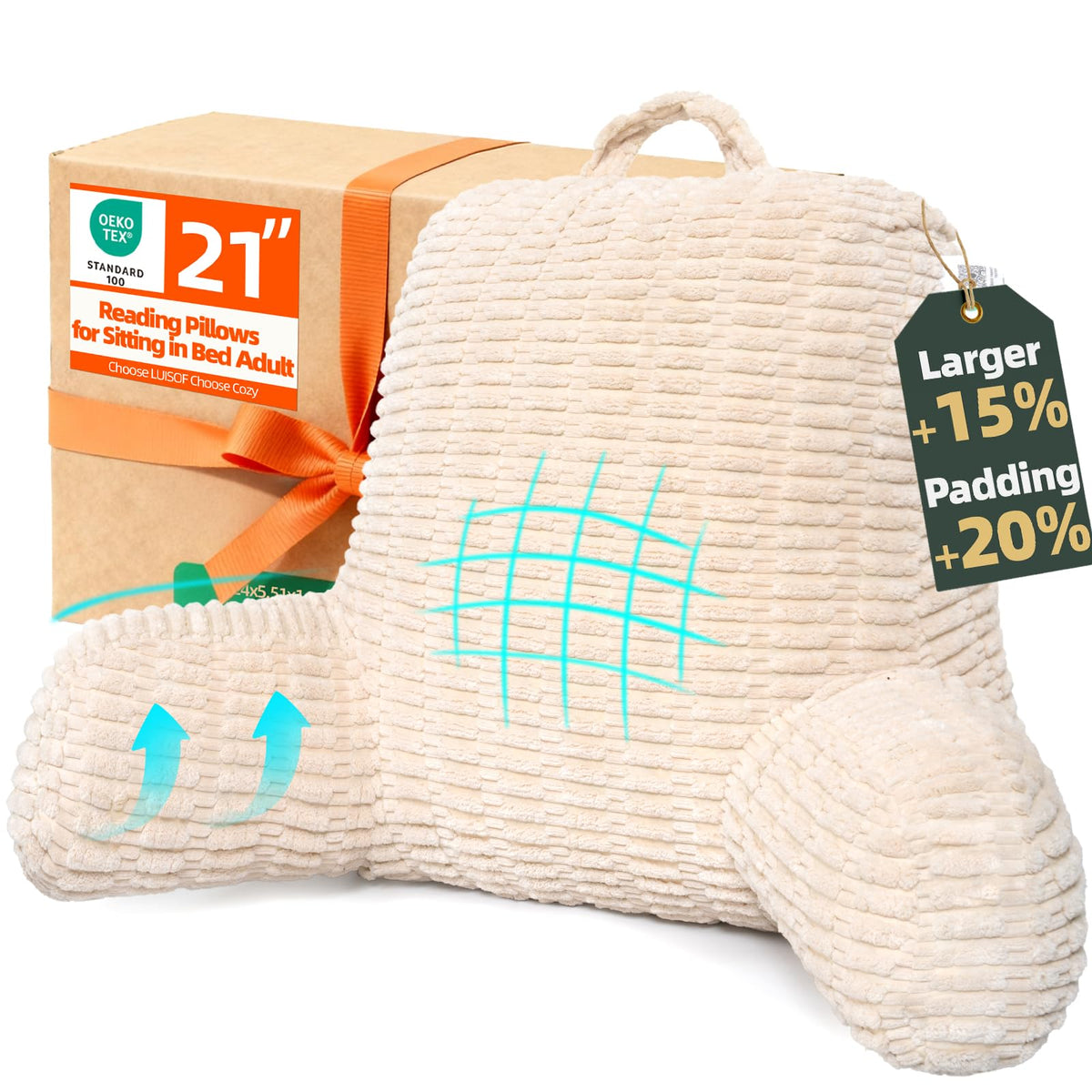 LUISOF 21-inch reading pillow in bed with back support and arms.