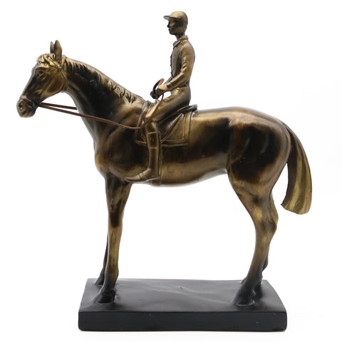 Lukitas horse rider statue, front view, lifelike resin finish for elegant decor.