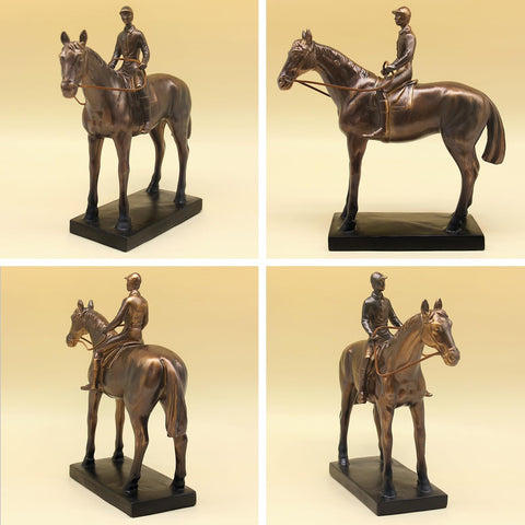 Lukitas resin sculpture, shiny brown horse and rider for refined living room decor.