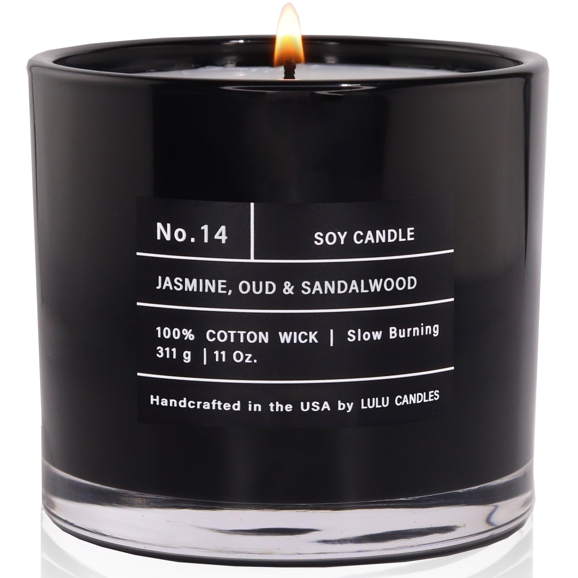 Lulu Candles Jasmine-Oud-Sandalwood jar burning with a rich, inviting aroma.