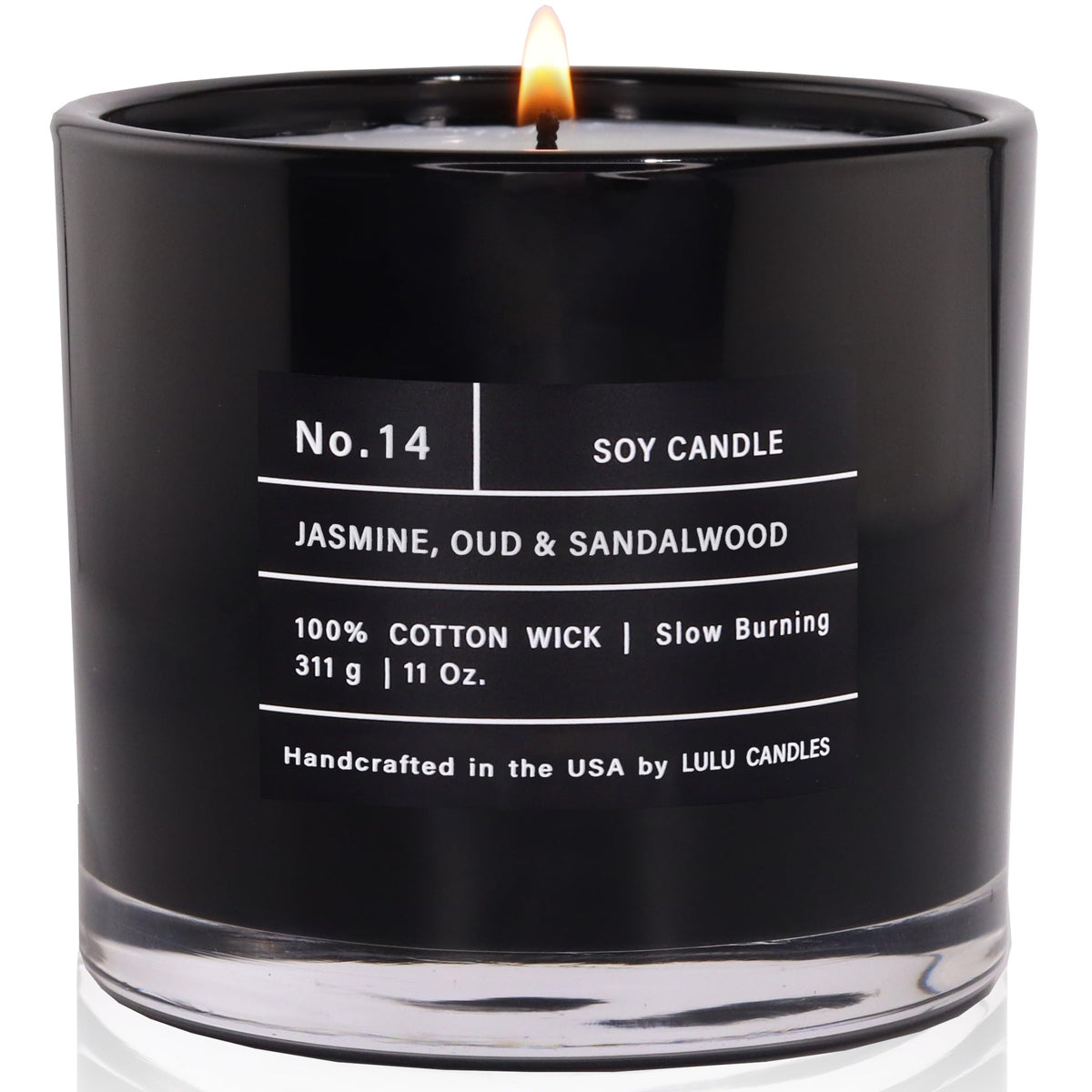 Lulu Candles Jasmine-Oud-Sandalwood jar burning with a rich, inviting aroma.