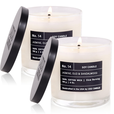 Lulu Candles Jasmine Oud Sandalwood jar releases rich fragrance for cozy evenings