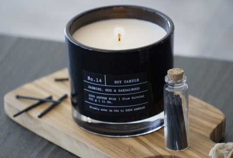 Lulu Candles label closeup highlighting premium vegan soy wax and branding.