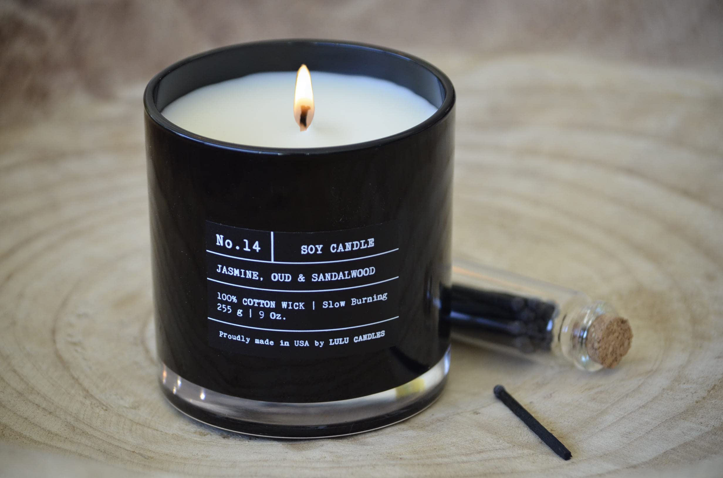 Lulu Candles 100% cotton wicks close-up; steady flame with minimal soot.