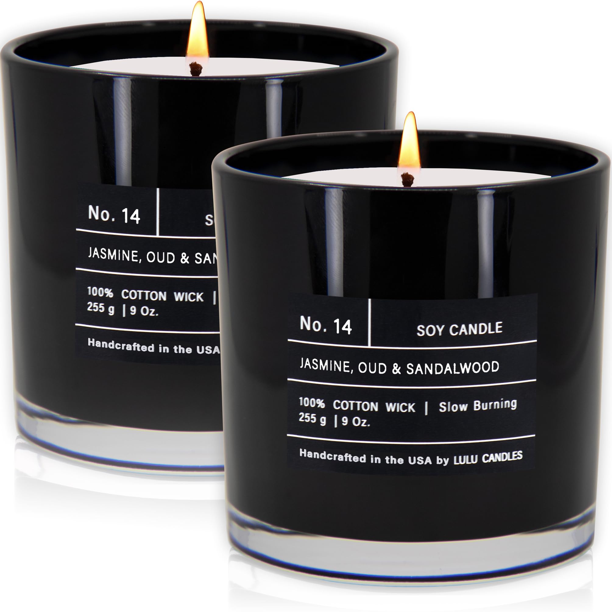 Lulu Candles jasmine-oud-sandalwood jar candle closeup label; long-lasting fragrance for living spaces.