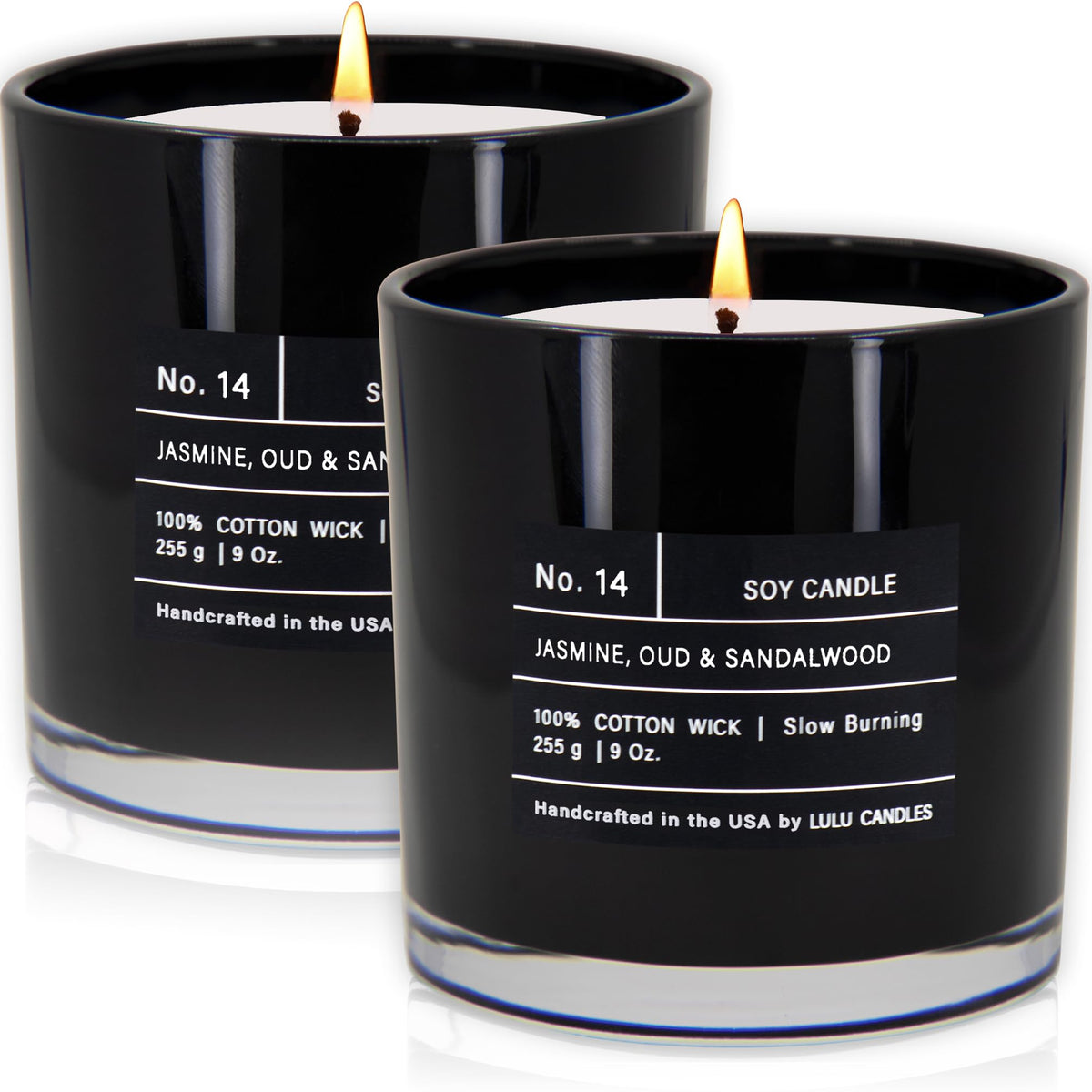 Lulu Candles jasmine-oud-sandalwood jar candle closeup label; long-lasting fragrance for living spaces.