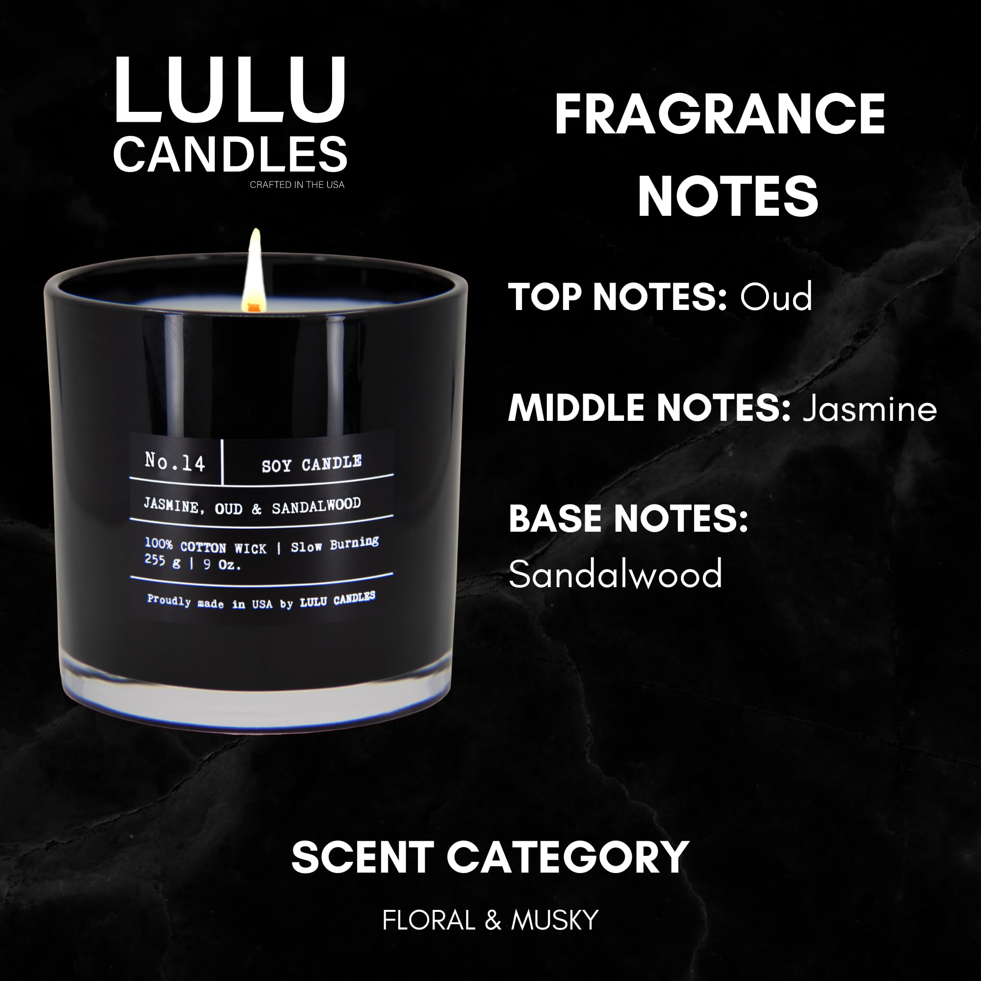 Lulu Candles jasmine-oud-sandalwood jar candle lit glow; warm, cozy atmosphere.