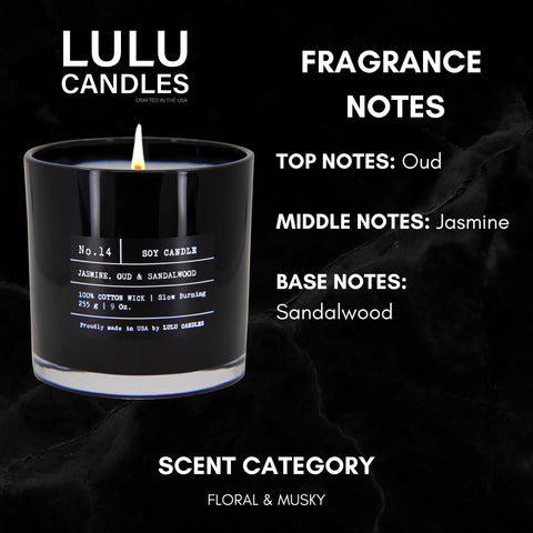 Lulu Candles jasmine-oud-sandalwood jar candle lit glow; warm, cozy atmosphere.