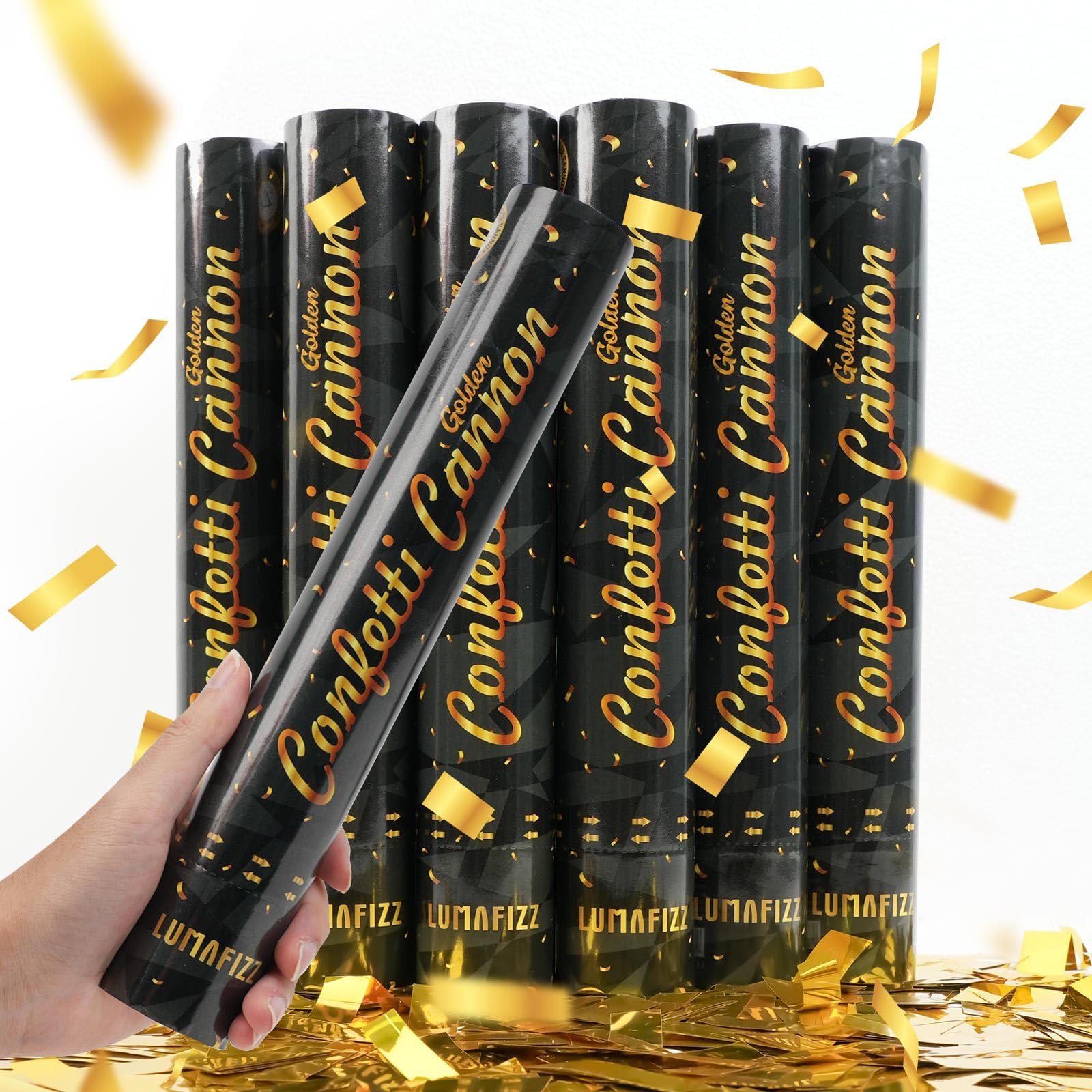 Lumafizz gold confetti cannon 12in for dazzling celebrations indoors or outdoors.
