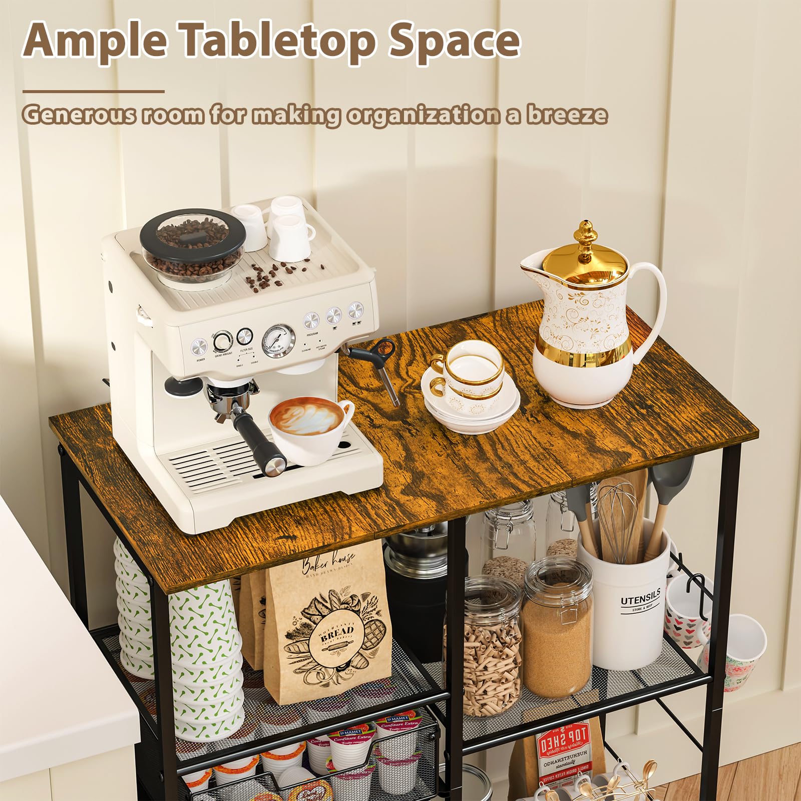 LUMAMU kitchen cart with wheels demonstrates space-saving storage on demand.