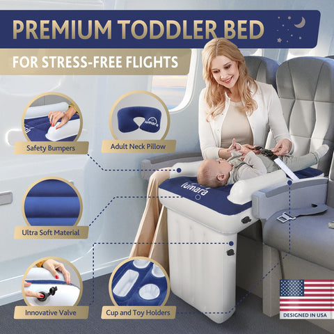 LUMARA airplane bed inflates quickly with innovative valves for no pump needed.