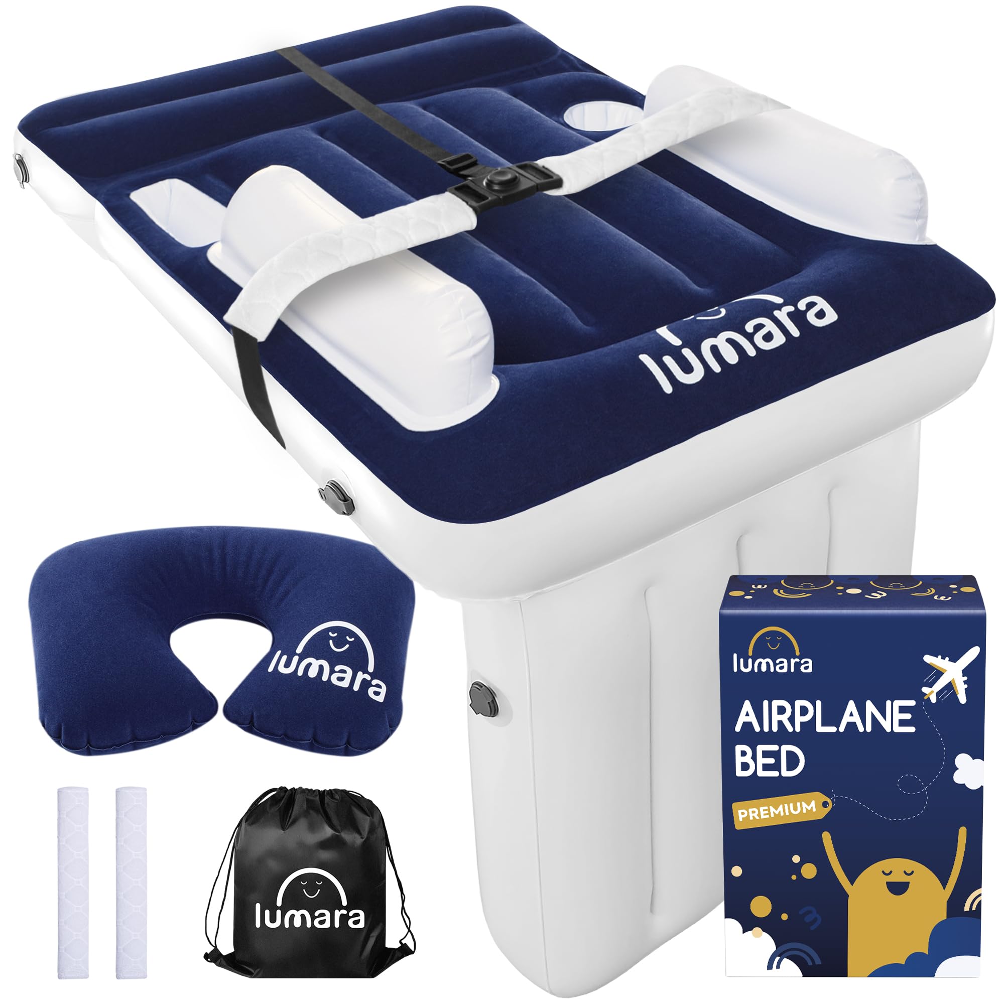 LUMARA premium toddler airplane bed setup on aircraft seat for safe sleep.