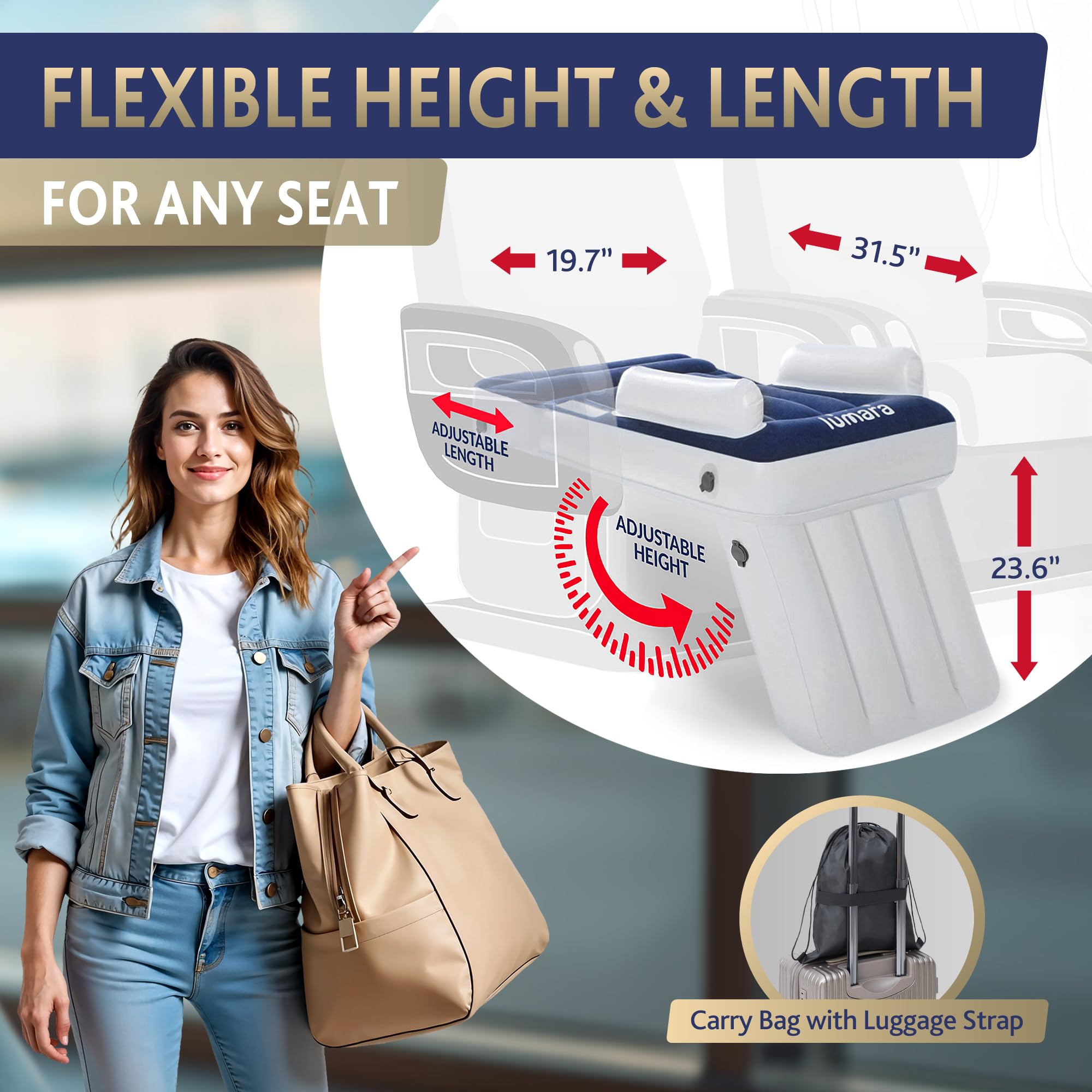 LUMARA soft flocked surface provides cozy feel for travel naps.