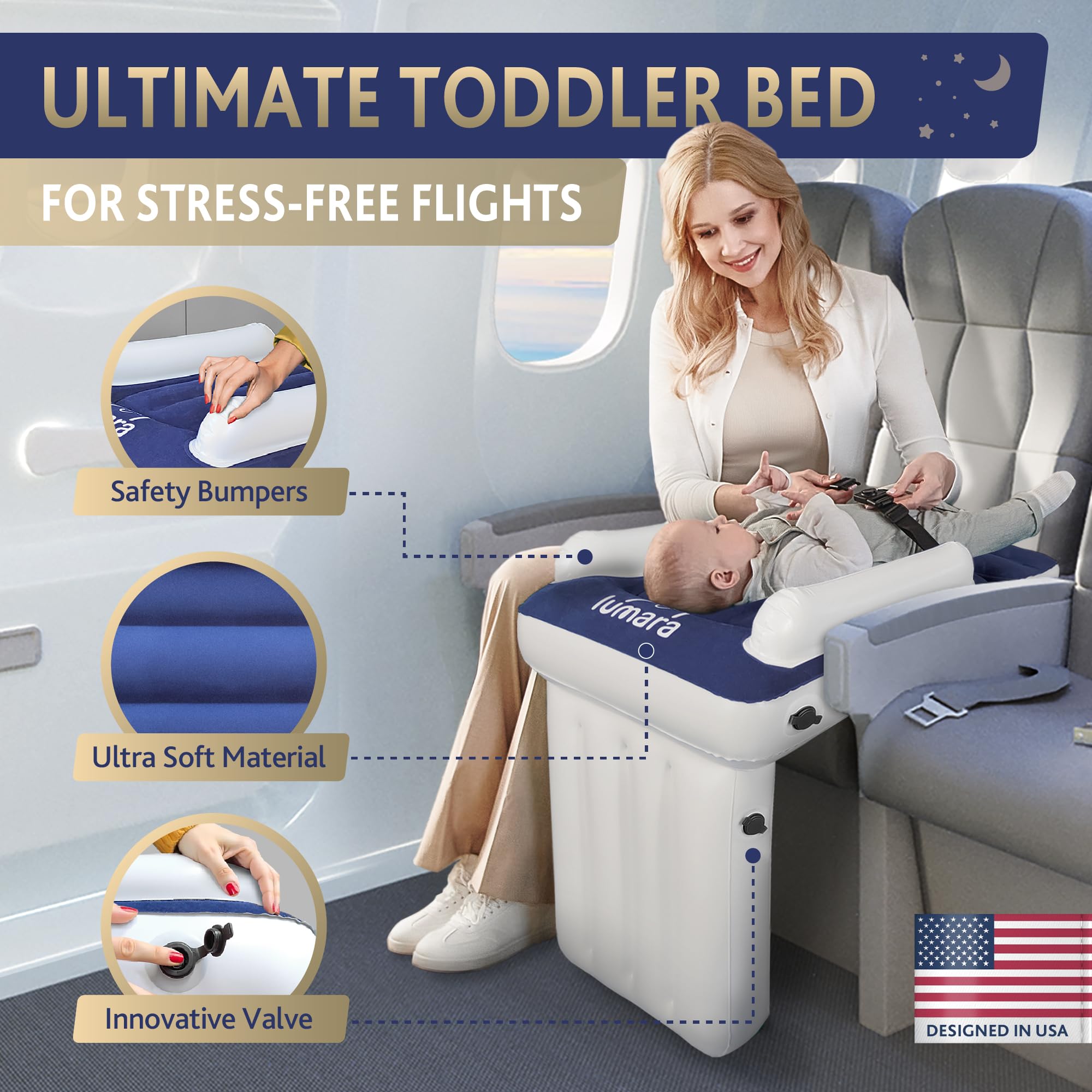 Lumara toddler airplane bed neck support provides gentle head and neck comfort.