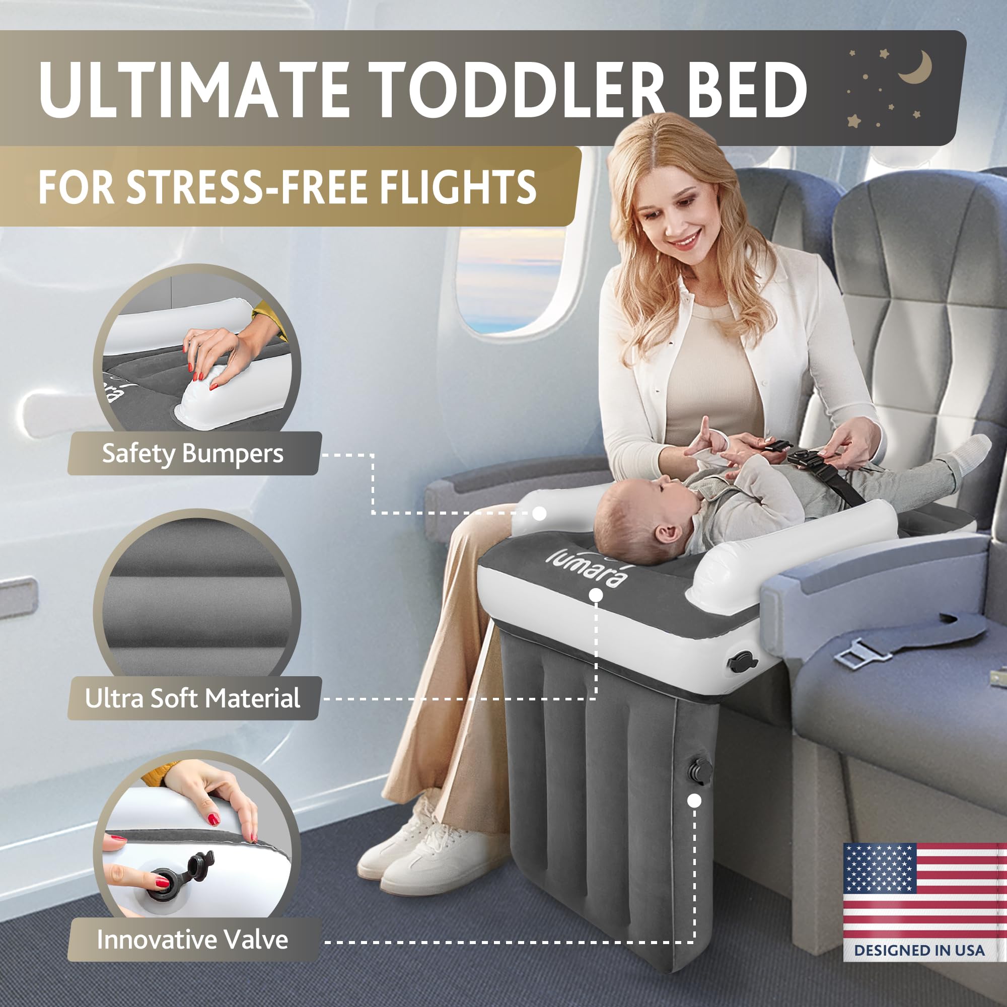 Lumara Toddler Airplane Bed with neck support adds cozy comfort on long flights.