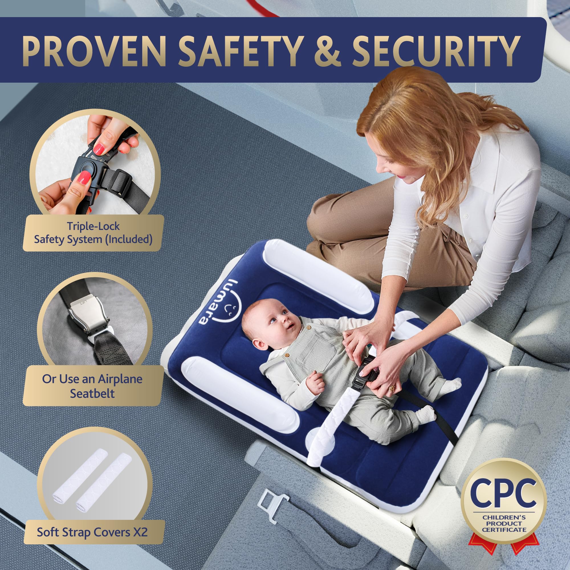 LUMARA toddler airplane bed secured with safety belt on a plane seat.