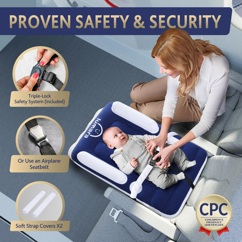 LUMARA toddler airplane bed secured with safety belt on a plane seat.