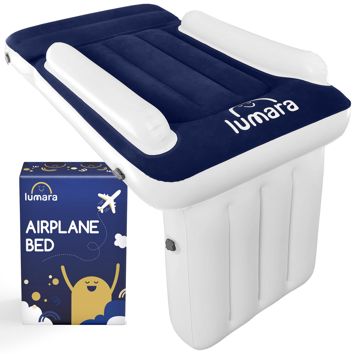 Lumara toddler airplane bed valves enable quick inflation and easy deflation during travel.