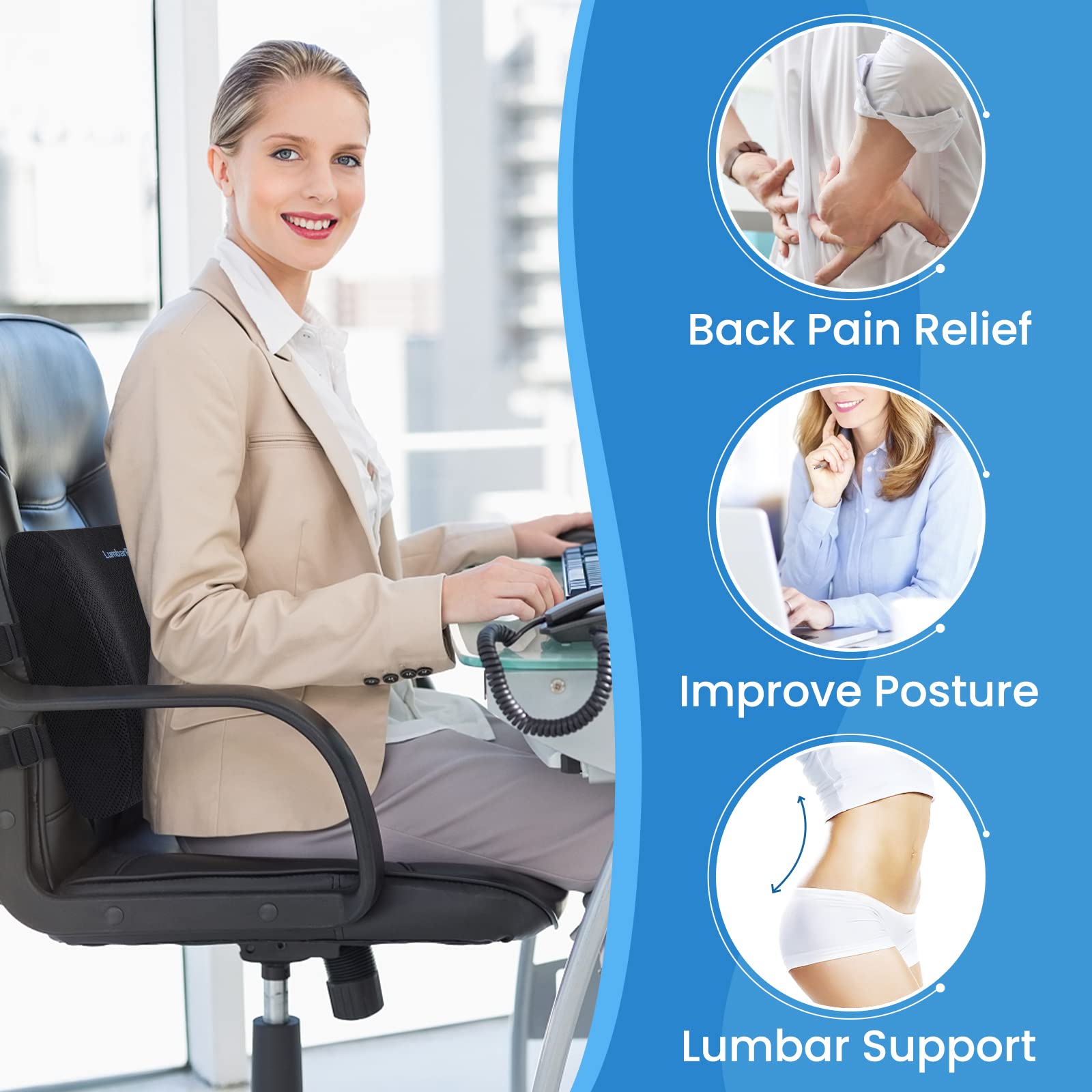 LumbarPal adjustable straps secure pillow on various chairs