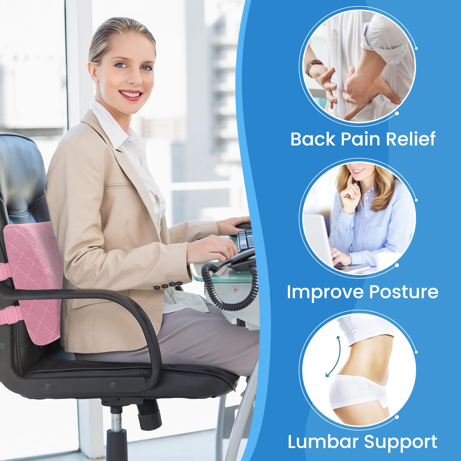 LumbarPal adjustable straps secure the pillow on most chairs