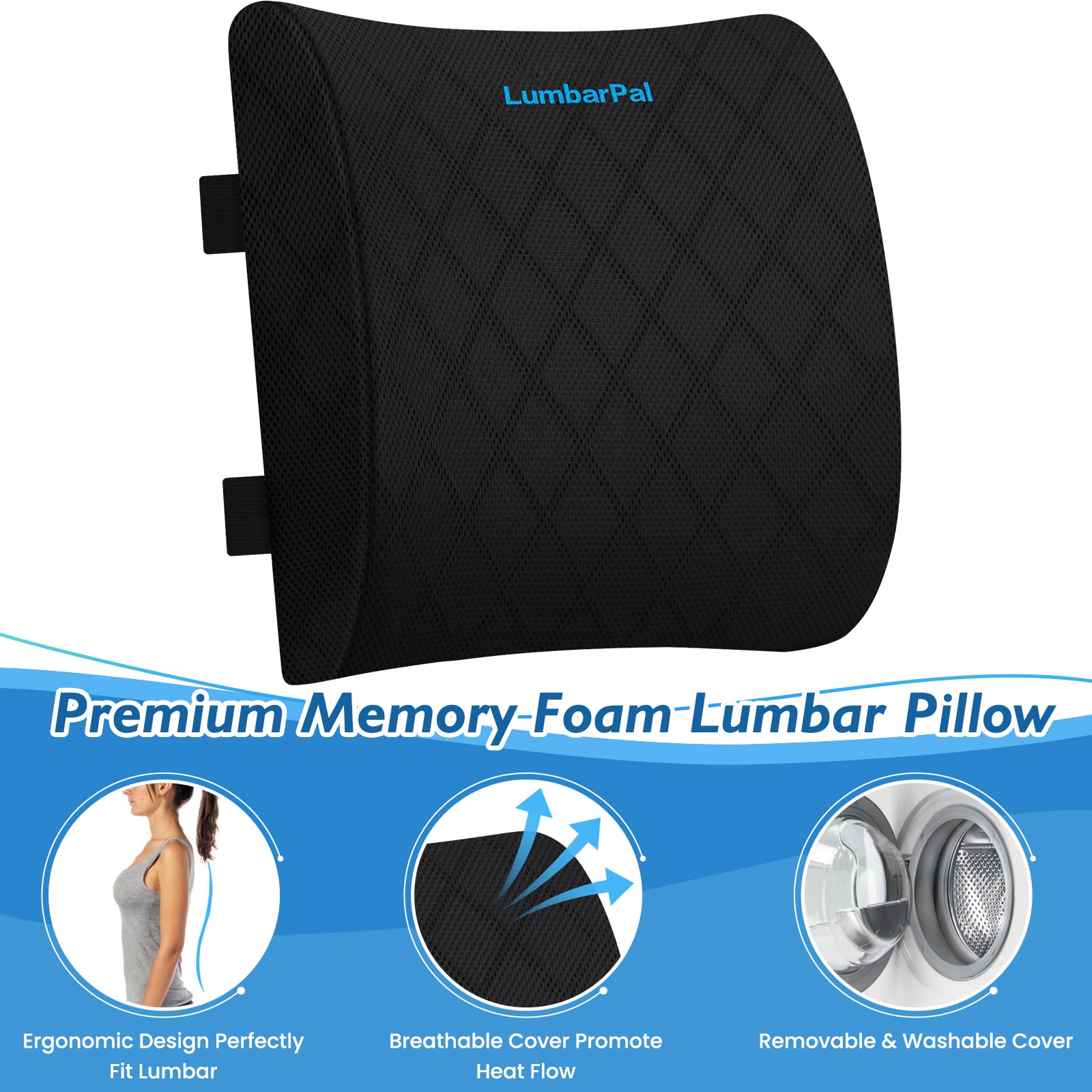 LumbarPal ergonomic design supports upper, middle, and lower back