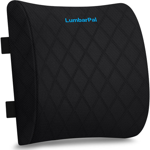 LumbarPal lumbar pillow on office chair provides back support