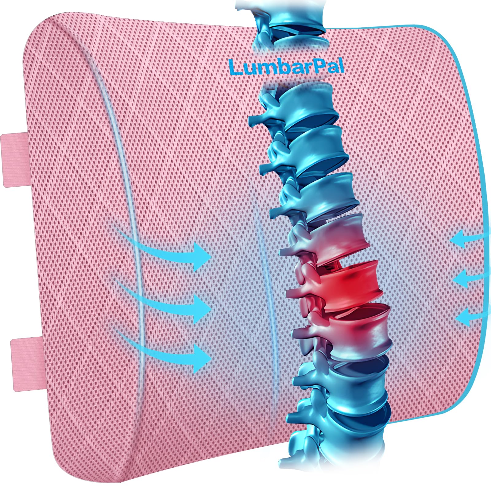 LumbarPal memory foam lumbar pillow in pink provides firm lower-back support
