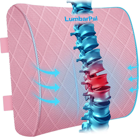 LumbarPal memory foam lumbar pillow in pink provides firm lower-back support