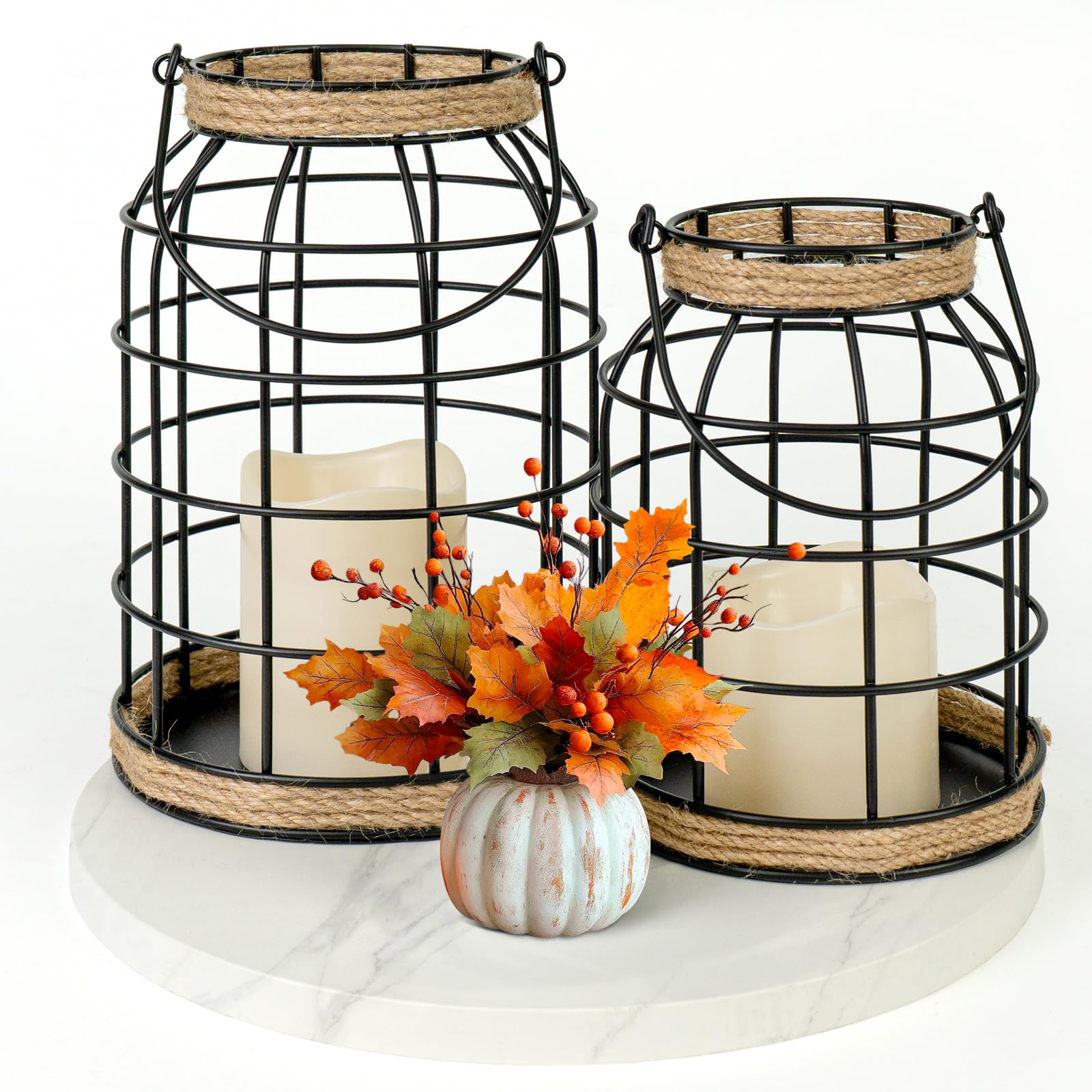 Lumeavetra rustic farmhouse lanterns on front porch provide inviting warmth.