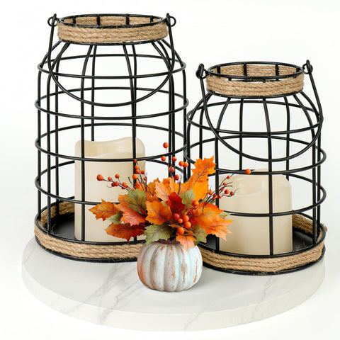 Lumeavetra rustic farmhouse lanterns on front porch provide inviting warmth.