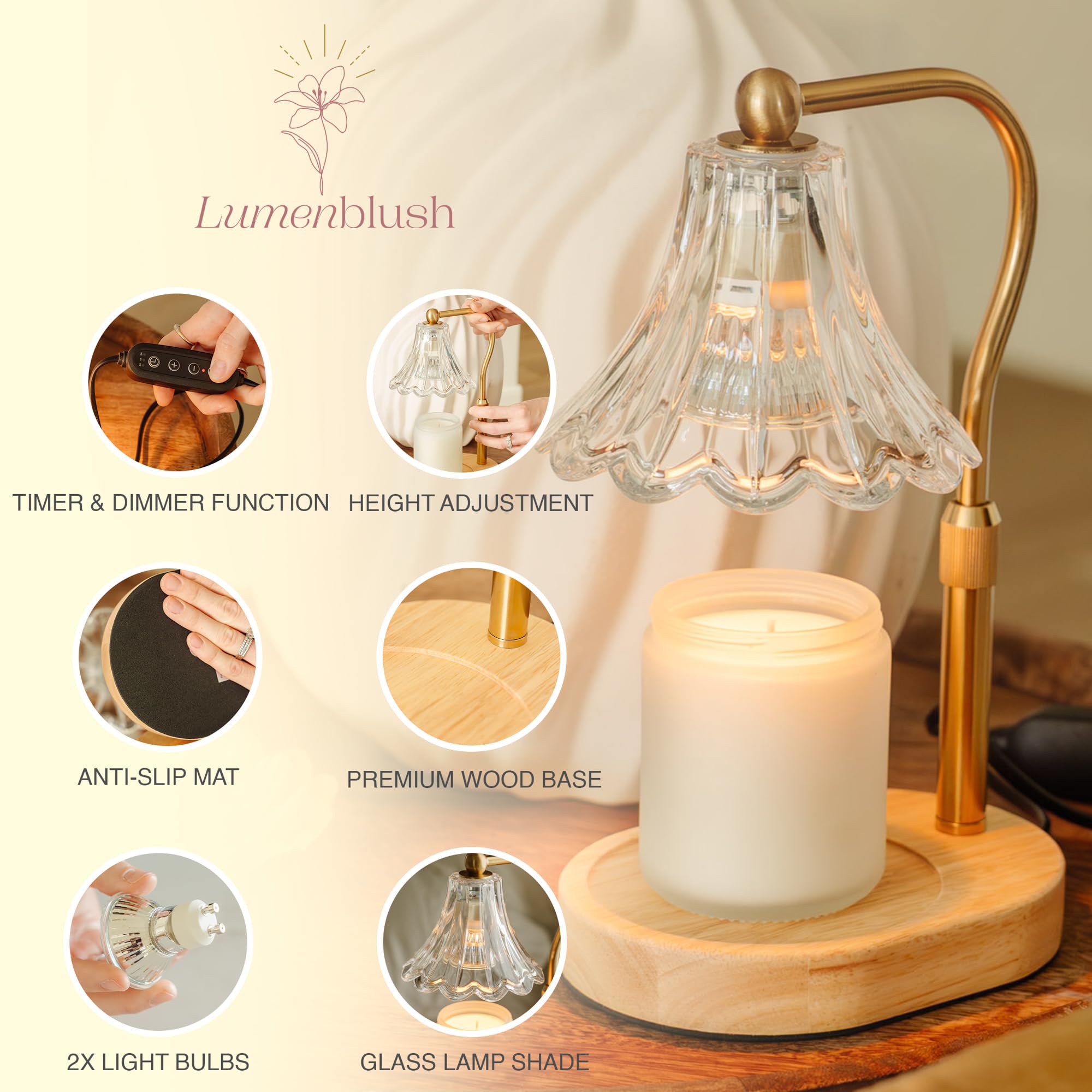 Lumenblush oak wood and glass build adds premium look and reliability