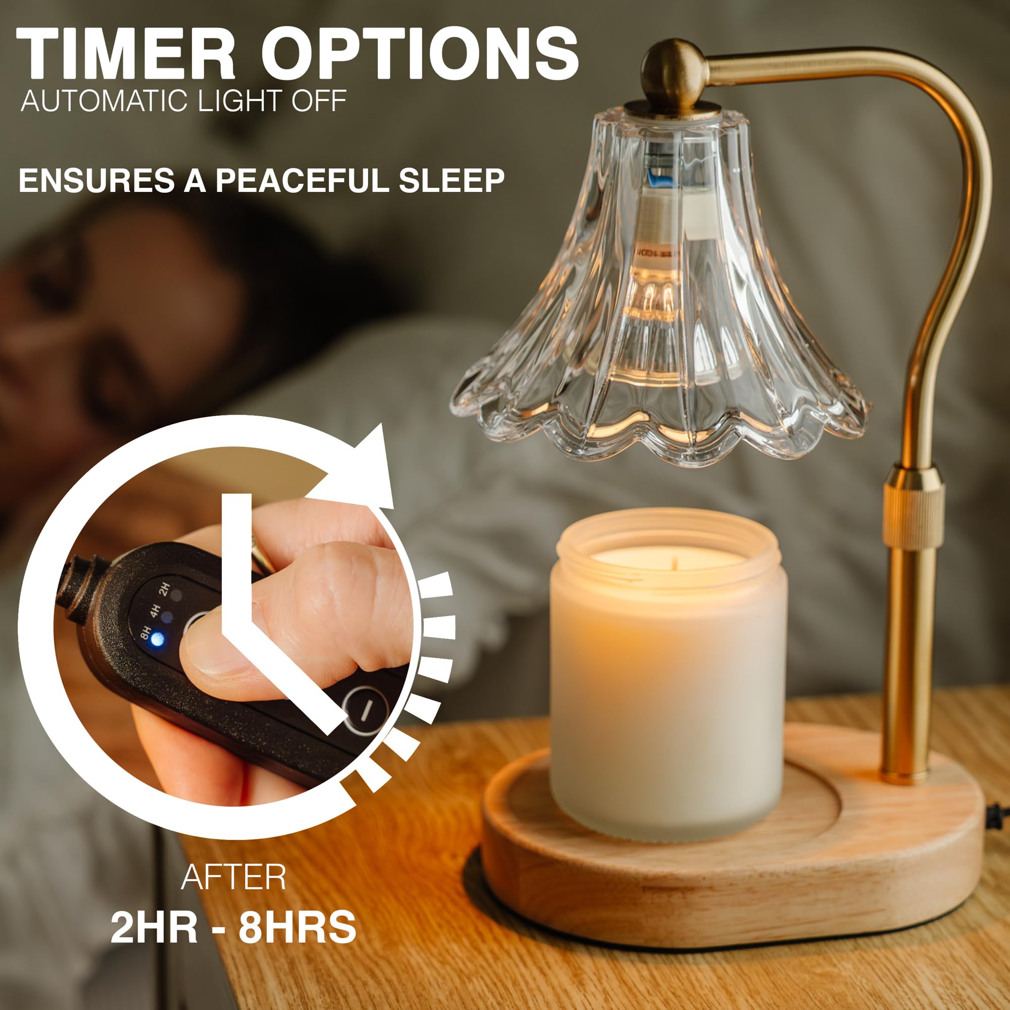 Lumenblush magnolia shade surrounds the candle while the built-in timer ensures safe use