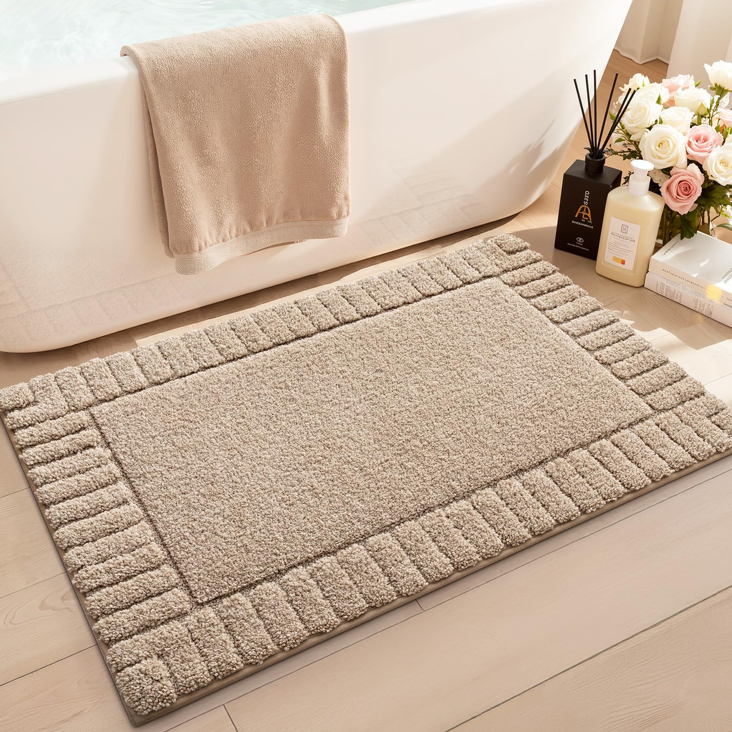 LUMI bathroom rug with non-slip backing stays steady after showers