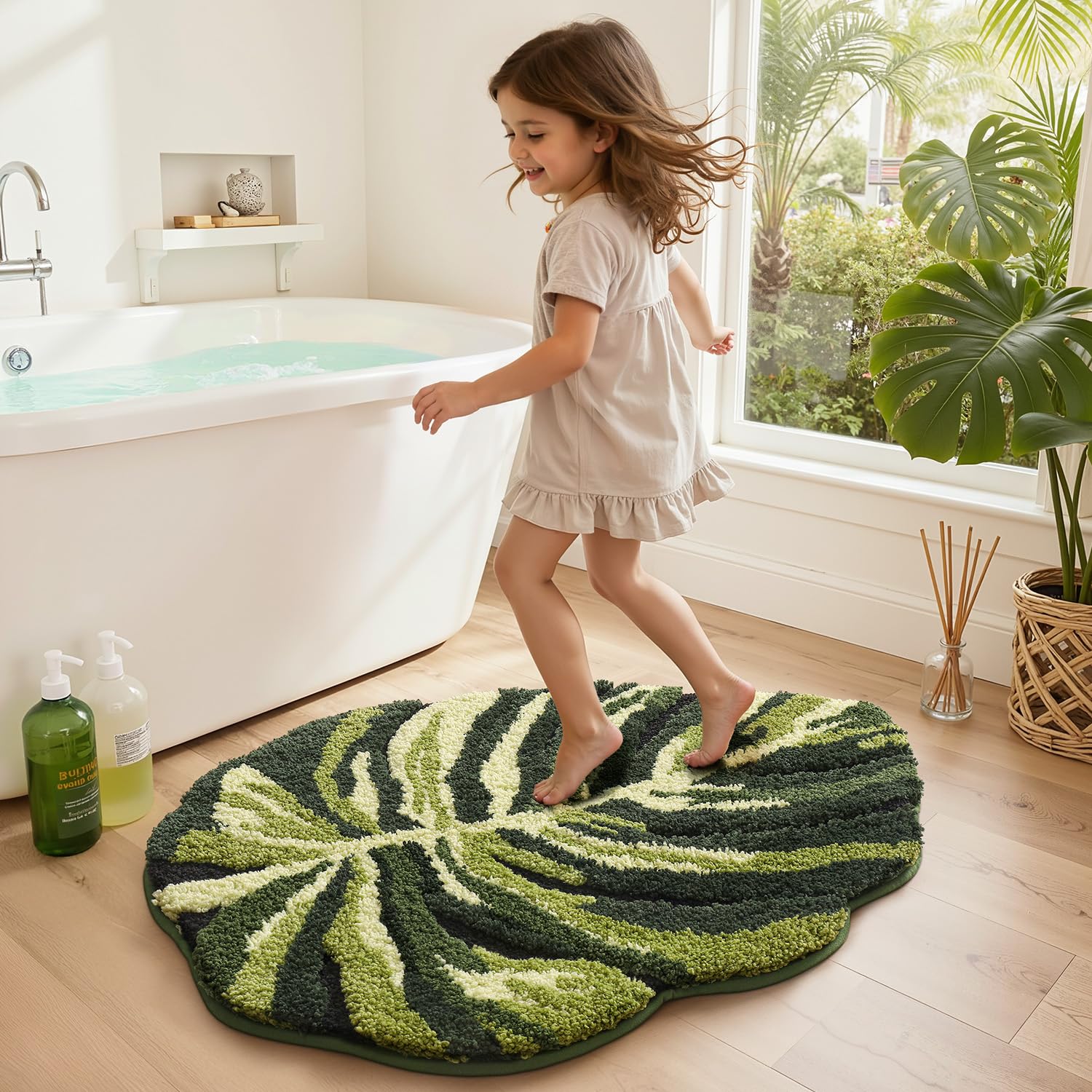 LUMI Monstera leaf pattern rug highlights quick drying fibers for faster use.