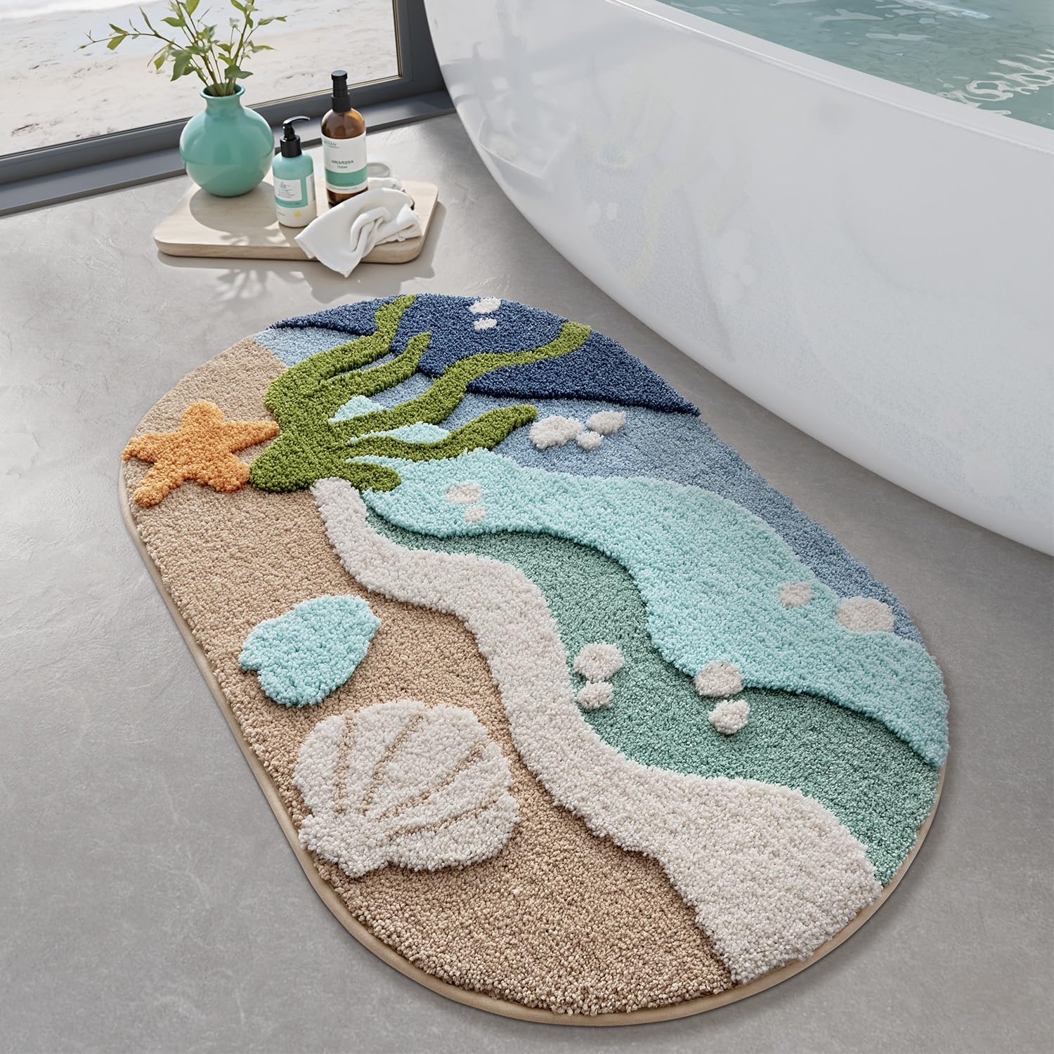 LUMI Beach Bath Rug with waves design for a plush, absorbent bathroom floor.