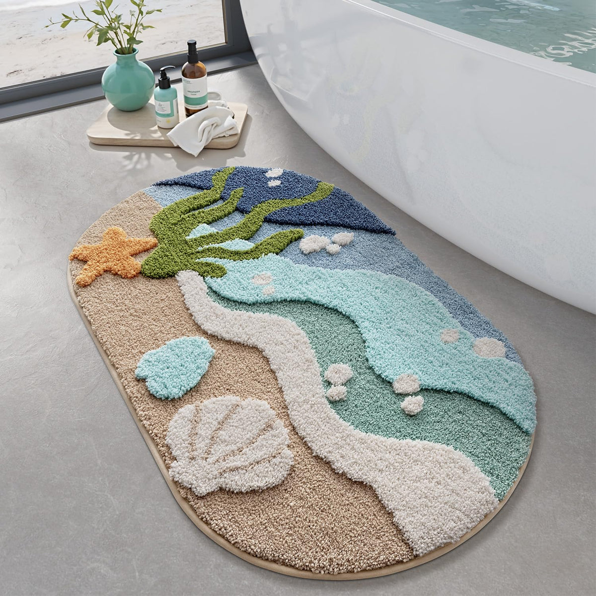 LUMI Beach Bath Rug with waves design for a plush, absorbent bathroom floor.