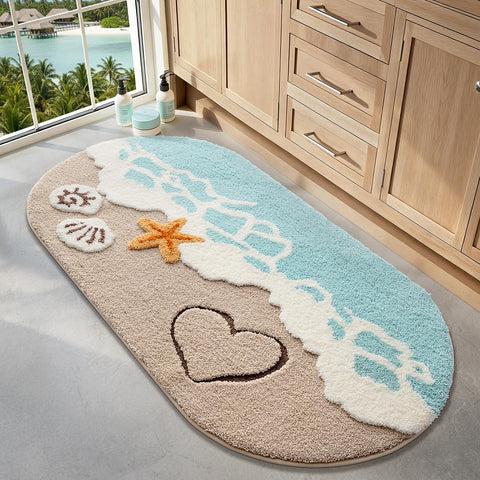LUMI Beach Rug with ocean-wave design in blue for elegant bathroom decor