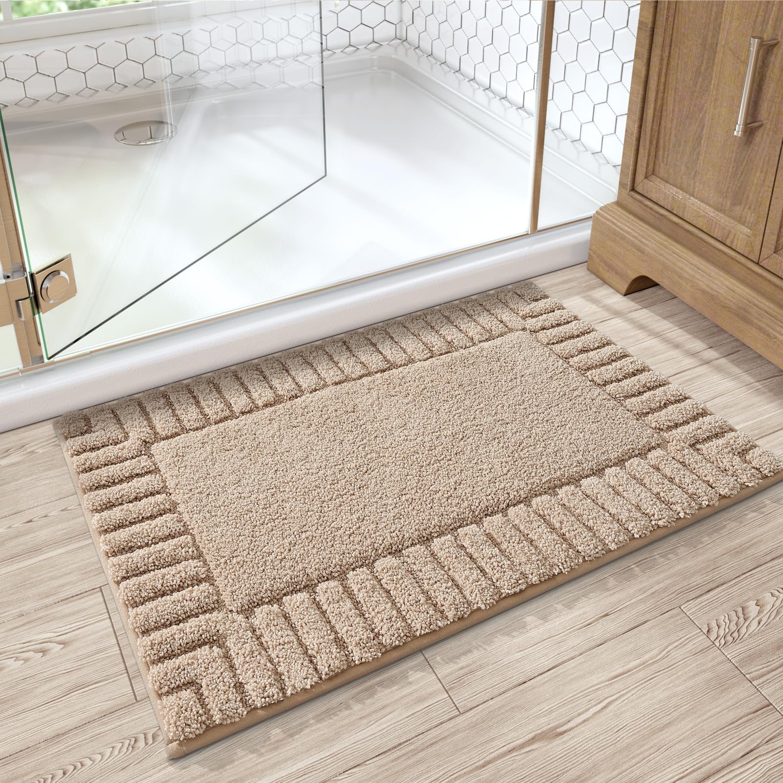 LUMI beige 20x32 rug complements neutral bathroom decor